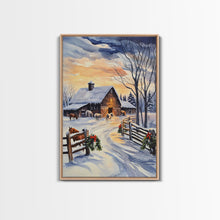 Load image into Gallery viewer, Christmas On The Farm, Winter Wall Art Framed Canvas Print, Gift Idea, Seasonal Decor, Barn Painting, Farmhouse Art