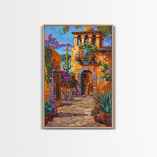 Cargar imagen en el visor de la galería, Bright Mexican Style Courtyard Tall Art Framed Canvas Print Featuring Vibrant Architecture And Desert Scenery
