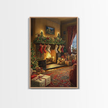Load image into Gallery viewer, Cozy Christmas Mantle Decor Framed Canvas Print With Stockings Hanging And Presents By The Fire, Seasonal Holiday Wall Art Farmhouse Style