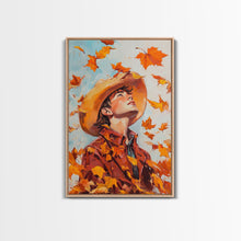 Load image into Gallery viewer, Cowboy Fall Decor Canvas Print with Windblown Leaves, Rustic Farmhouse Autumn Holiday Wall Art Seasonal Gift Idea 2024