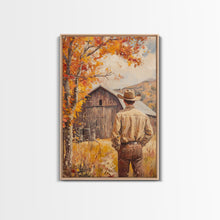 Carregar imagem no visualizador da galeria, Autumn Cowboy Barn Framed Canvas Print - Fall Harvest Country Wall Art Best Gift Idea 2024 Rustic Farmhouse Decor