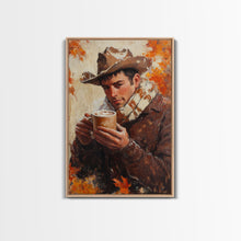 Load image into Gallery viewer, Cowboy with Coffee Mug in Autumn Framed Canvas Print - Fall Country Wall Art 2024 Rustic Home Decor and Gift Idea