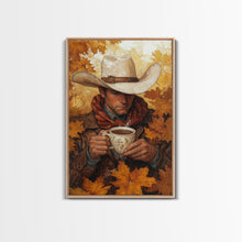 Load image into Gallery viewer, Cowboy Holding Hot Drink Framed Canvas Print - Moody Winter Landscape Art Perfect 2024 Christmas Wall Decor