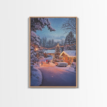 Cargar imagen en el visor de la galería, Classic Winter Christmas Neighborhood Framed Canvas Print Tall Art With Lights And Christmas Tree, Holiday Wall Art Home Decor