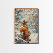 Load image into Gallery viewer, Cowboy in Snowy Orchard Canvas Print with Frosty, Christmas Wall Art Gift, Seasonal Decor, Winter Wonderland, Holiday Decor, Canvas Print