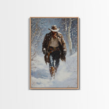 Load image into Gallery viewer, Cowboy Riding Horse in Snowy Forest Canvas Print, Winter Wall Art, Western, Rustic Christmas Wall Art, Seasonal Holiday Decor, Canvas Print