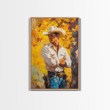 Load image into Gallery viewer, Cowboy with Autumn Foliage Canvas Print, Vibrant Fall Decor, Perfect Fall Wall Art, Seasonal Home Decor, Western Art, Framed Canvas Print