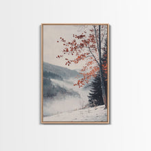 Carregar imagem no visualizador da galeria, Canvas Print of Snowy Mountain Trees Red Leaves, Winter Wonderland Wall Art, Best Gift Idea, Moody Landscape, Rustic Christmas Decor