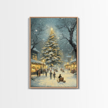 Cargar imagen en el visor de la galería, Christmas Tree Village Snowy Winter Scene Framed Canvas Print Christmas Wall Art Christmas Decor Christmas Tree Art Holiday Gift Winter Art