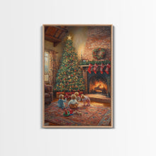 Cargar imagen en el visor de la galería, Children By Fireplace And Christmas Tree Framed Canvas Print Cozy Holiday Home Decor With Warm Fire And Festive Decorations Christmas Art