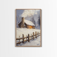 Load image into Gallery viewer, Rustic Cabin In Snow Framed Canvas Print Wall Art Christmas Home Decor, Winter Landscape Art, Cozy Winter Cabin Scene