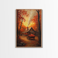 Carregar imagem no visualizador da galeria, Autumn Cabin with Pumpkins Framed Canvas Print, Warm Fall Countryside Scene with Golden Leaves, Cozy Rustic Farmhouse Wall Art Decor
