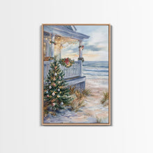 Cargar imagen en el visor de la galería, Coastal Christmas Tree Framed Canvas Print, Festive Holiday Decor Tree Beach and Ocean View, Nautical Wall Art Tropical Christmas Decor