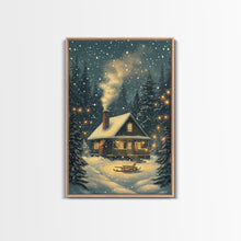 Load image into Gallery viewer, Cozy Cabin in Snowy Winter Forest, Warm Christmas Lights and Peaceful Holiday Scene, Perfect for Winter Wall Art, Framed Canvas Print