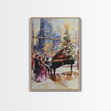 Load image into Gallery viewer, Elegant Christmas party with grand piano and city skyline view Framed Canvas Print, classy holiday wall art perfect seasonal decor idea