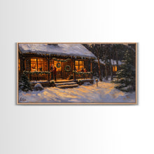 Carregar imagem no visualizador da galeria, Festive Log Cabin Winter Scene Framed Canvas Print Christmas Wall Art, Rustic Holiday Art, Cozy Christmas Scene, Seasonal Wall Decor Gift