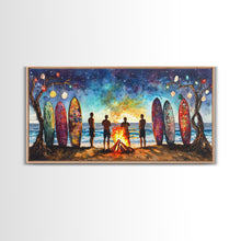 Carregar imagem no visualizador da galeria, Canvas Print Beach Bonfire with Surfboards Under Stars, Coastal Christmas Art, Tropical Holiday Wall Art, Beach Christmas Decor