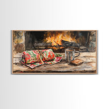 Carregar imagem no visualizador da galeria, Canvas Print Cozy Fireplace with Christmas Blanket and Mug, Rustic Christmas Decor, Holiday Home Art, Warm Christmas Wall Art