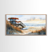 Cargar imagen en el visor de la galería, Christmas vacation decor Framed Canvas Print coastal beach cabin snowy winter landscape holiday decor gallery wall Christmas wall print