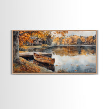 Carregar imagem no visualizador da galeria, Fall lake house decor Framed Canvas Print serene lakeside cabin canoe rustic autumn wall art seasonal decor gift idea cozy fall home decor