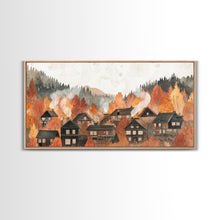 Carregar imagem no visualizador da galeria, Autumn village decor Framed Canvas Print rustic village with fall trees cozy seasonal wall art gift idea moody landscape autumn home decor