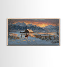 Load image into Gallery viewer, Dawn on the Frontier - Christmas scene art, winter wonderland, rustic Christmas art, Christmas farmhouse decor, snowy mountain art