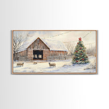 Cargar imagen en el visor de la galería, Christmas Barn Snow Sheep Canvas Print Christmas Farmhouse Decor Rustic Christmas Wall Art Framed Canvas Print Christmas Outdoor Decor
