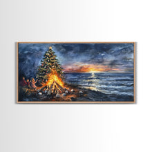 Load image into Gallery viewer, Beach Christmas decor with bonfire, sunset coastal holiday wall art, Christmas tree print, festive coastal art gift, framed canvas print
