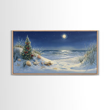 Cargar imagen en el visor de la galería, Christmas Tree on Snowy Beach with Full Moon, Framed Canvas Print, Coastal Christmas Art, Nautical Holiday Decor, Winter Wonderland, Beach