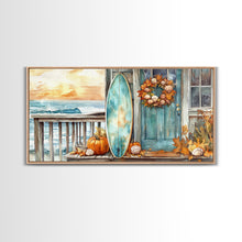 Load image into Gallery viewer, Coastal Surfboard and Pumpkins Fall Scene, Framed Canvas Print, Autumn Beach Decor, Fall Home Decor, Wall Art, Coastal Autumn Wall Print