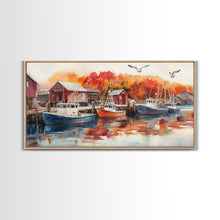 Carregar imagem no visualizador da galeria, Fishing boats in harbor with autumn trees, framed canvas print, fall coastal art, rustic nautical decor, perfect gift idea, autumn wall art