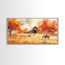 Load image into Gallery viewer, Cowboy on horse in autumn farm scene, framed canvas print, rustic fall decor, farmhouse home decor, cozy autumn landscape art, fall wall art