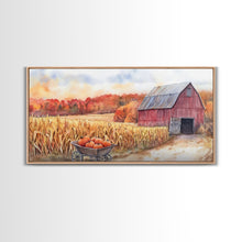 Carregar imagem no visualizador da galeria, Autumn Barn with Pumpkins in Wheelbarrow, Farmhouse Fall Decor, Framed Canvas Print, Seasonal Wall Art, Country Home Decor, Gift Idea