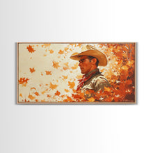 Load image into Gallery viewer, Cowboy and Fall Leaves, Framed Canvas Print Seasonal Wall Art Christmas Cowboy Gift Winter Landscape Wall Decor