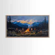 Carregar imagem no visualizador da galeria, Framed Canvas Print Western Cowboys Campfire Evening Art Landscape Rustic Winter Mountain Home Decor Extra Large Wall Art Gift