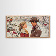 Load image into Gallery viewer, Cowboy and Cowgirl meet under the mistletoe, framed canvas print, cute winter wall art, Christmas home decor, seasonal rustic decor