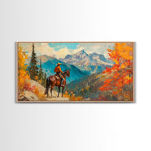 Carregar imagem no visualizador da galeria, Female cowboy in fall forest, Framed Canvas Print, tall striking artwork rustic or modern farmhouse seasonal wall art