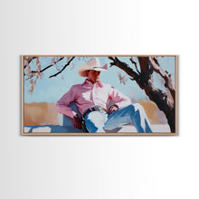 Carregar imagem no visualizador da galeria, Autumn-themed portrait Framed Canvas Print of a woman in a cowboy hat holding a cup of coffee, surrounded by fall leaves, cozy fall decor