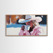 Load image into Gallery viewer, Cowgirl Enjoying A Cup of Coffee, Framed Canvas Print, Winter Wall Art, Pink Decor, Gift For Her, Seasonal Winter Home Decor