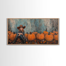 Load image into Gallery viewer, Cute Cowgirl In A Pumpkin Patch, Framed Canvas Print, Fall / Thanksgiving Decor, minimalist seasonal art for autumn or Christmas decor