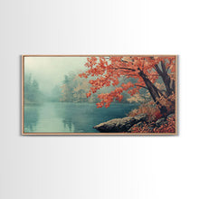 Load image into Gallery viewer, Fall On The Lake, Watercolor Landscape Painting Framed Canvas Print, retro holiday decor wall art with nostalgic vibe