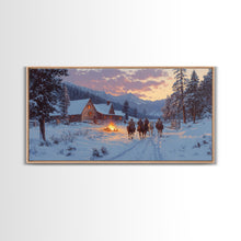 Load image into Gallery viewer, Cowboys and Log Cabin Winter Christmas Framed Canvas Print, Rustic Mountain Holiday Scene Art, Best Christmas Gift Idea, Winter Decor