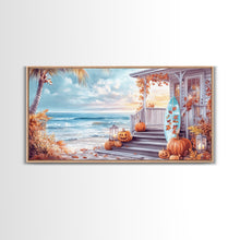 Carregar imagem no visualizador da galeria, Fall Beachfront Porch With Pumpkins Autumn Decor Framed Canvas Print, Coastal Autumn Home Decor Wall Art Beach Vibes