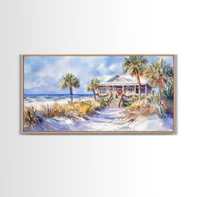 Load image into Gallery viewer, Snowy tropical Christmas decor scene, Framed Canvas Print beach house wreath and holiday lights, winter coastal home decor Christmas art