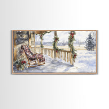 Load image into Gallery viewer, Snowy porch scene with wreaths and holiday greenery, framed canvas print, cozy winter Christmas decor perfect holiday wall display