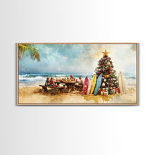Cargar imagen en el visor de la galería, Christmas family picnic by the beach with surfboards and tree, framed canvas print tropical coastal holiday beach Christmas decor