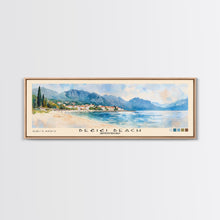 Load image into Gallery viewer, Bečići Beach, Montenegro Watercolor Print, Vacation Gift, Montenegro Wall Art, Beach Painting, Beach Decor, Large Wall Art, Wood Frame Art
