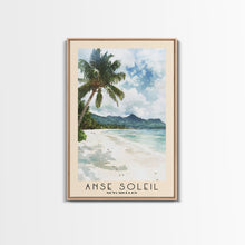 Load image into Gallery viewer, Anse Soleil, Seychelles Watercolor Beach Print, Vacation Gift, Seychelles Wall Art, Framed Canvas Print, Framed Beach Painting
