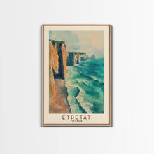 Load image into Gallery viewer, Étretat, France Watercolor Print, Vacation Gift, France Wall Art, Beach Painting, Beach Decor, Large Wall Art, Wood Frame Art