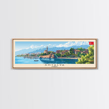 Load image into Gallery viewer, Antalya Turkey Panoramic Travel Poster, Framed Canvas Print or Metal Wall Art, Travel Art, Home Decor, Panoramic Painting, Midcentury Art